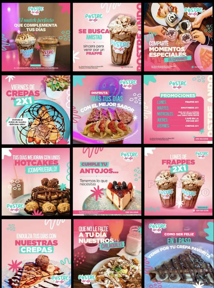 Línea visual de publicaciones para redes sociales: postres y cafetería