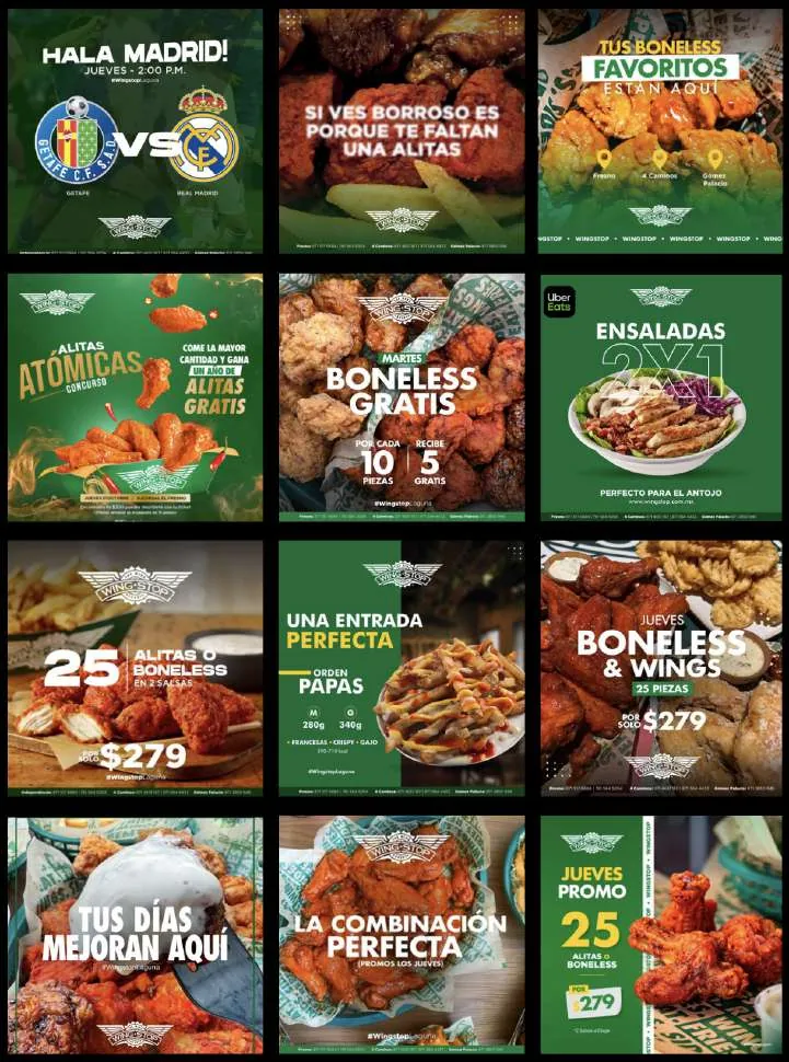 Línea visual de publicaciones para redes sociales: restaurante de alitas