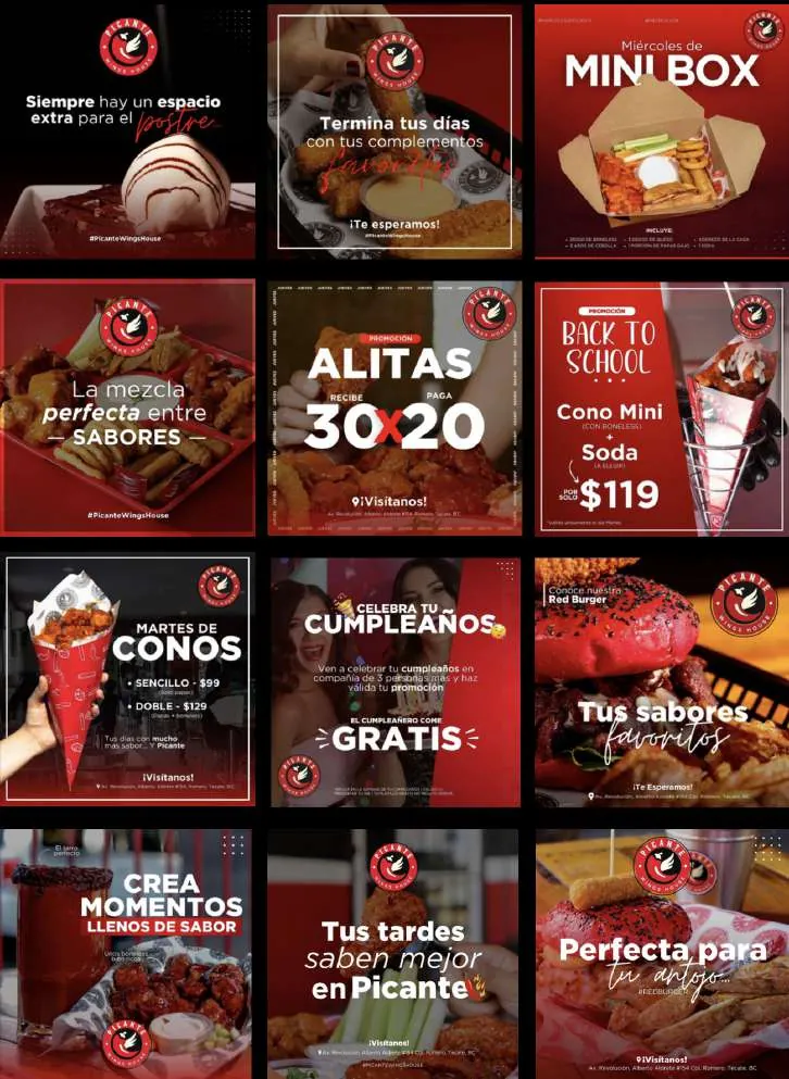 Línea visual de publicaciones para redes sociales: alitas y snacks