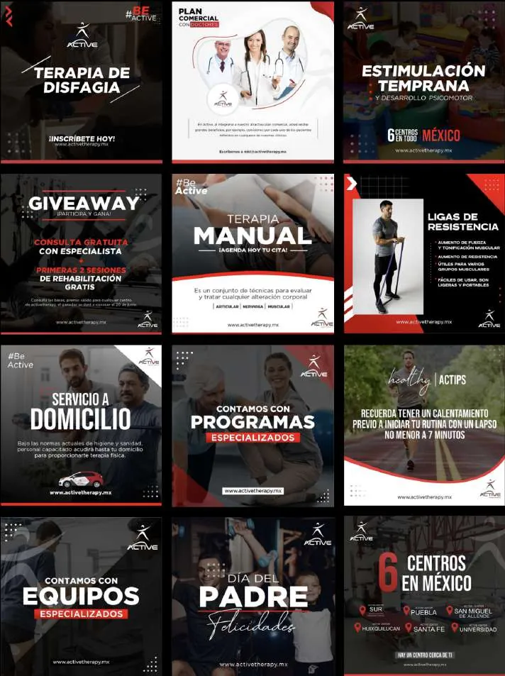 Línea visual de publicaciones para redes sociales: fisioterapia y rehabilitación