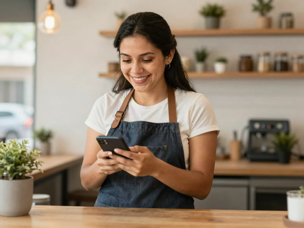 Dueña de una cafetería leyendo mensajes en su teléfono
