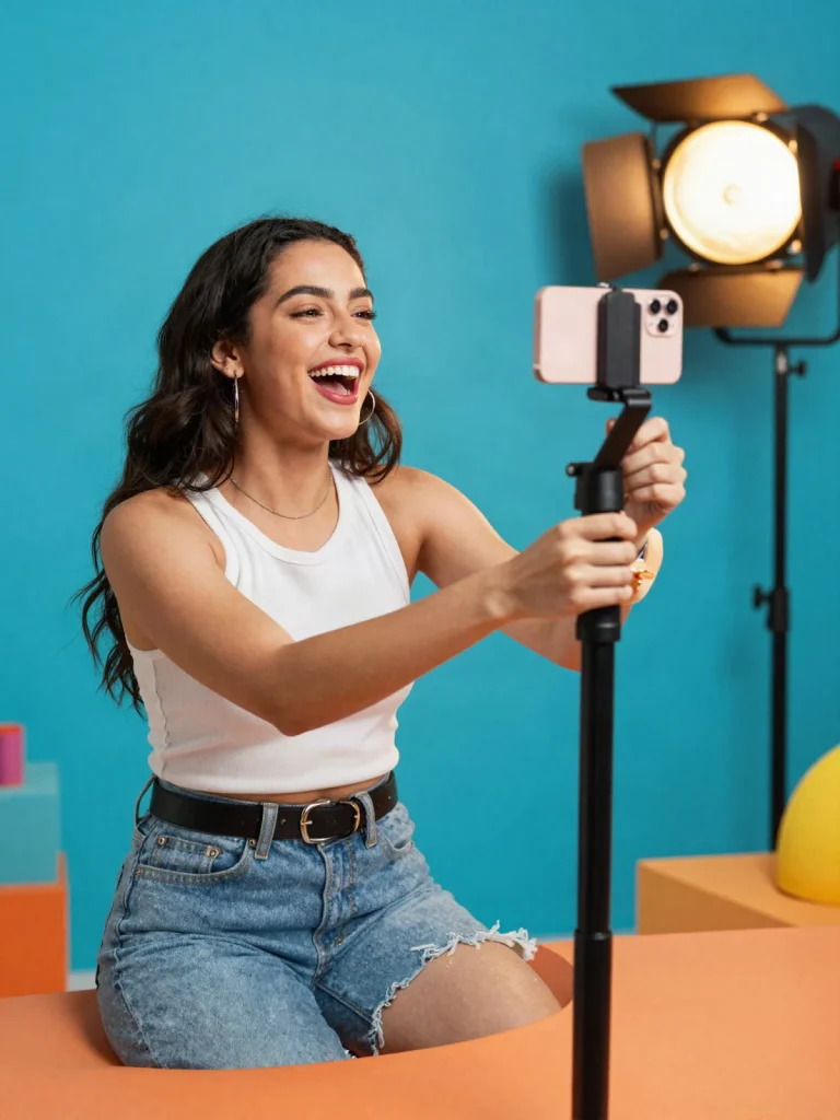 Creadora de contenido grabando un video vertical en un estudio de colores