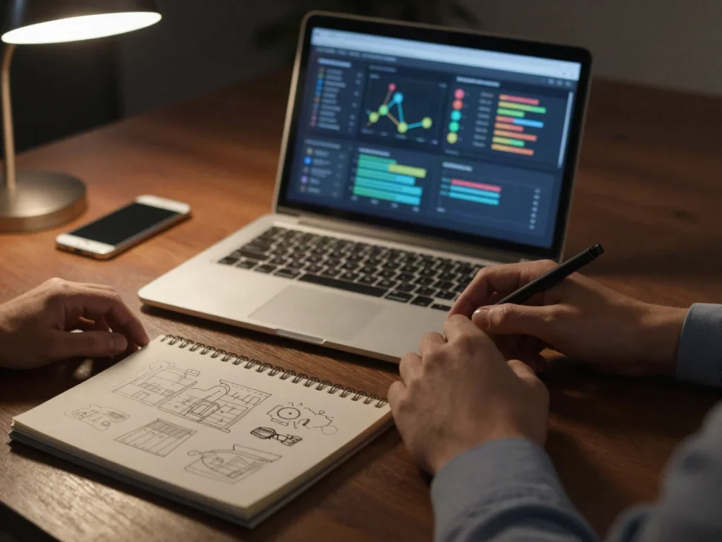 Escritorio con computadora mostrando gráficas de marketing y libreta de bocetos