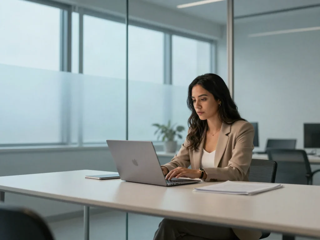 Estratega de marketing trabajando en su computadora junto a una ventana