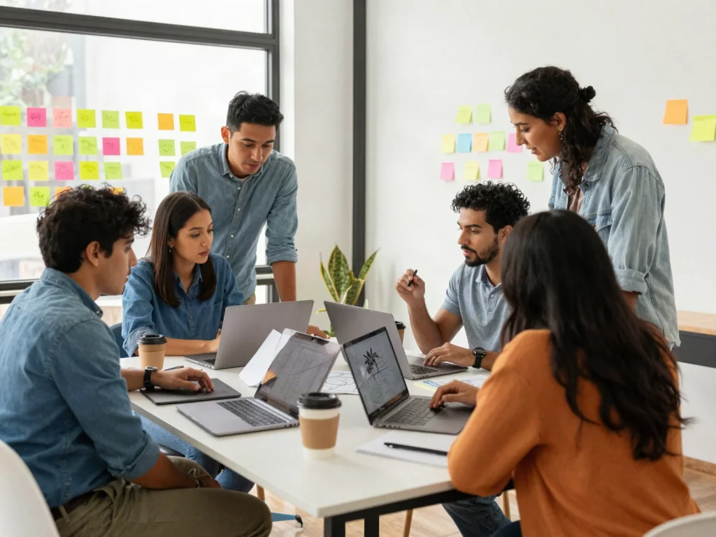 Equipo creativo en una lluvia de ideas con notas adhesivas