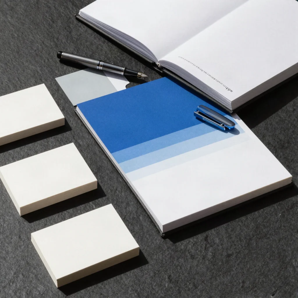 Papelería de identidad de marca: tarjetas, manual y muestras de color